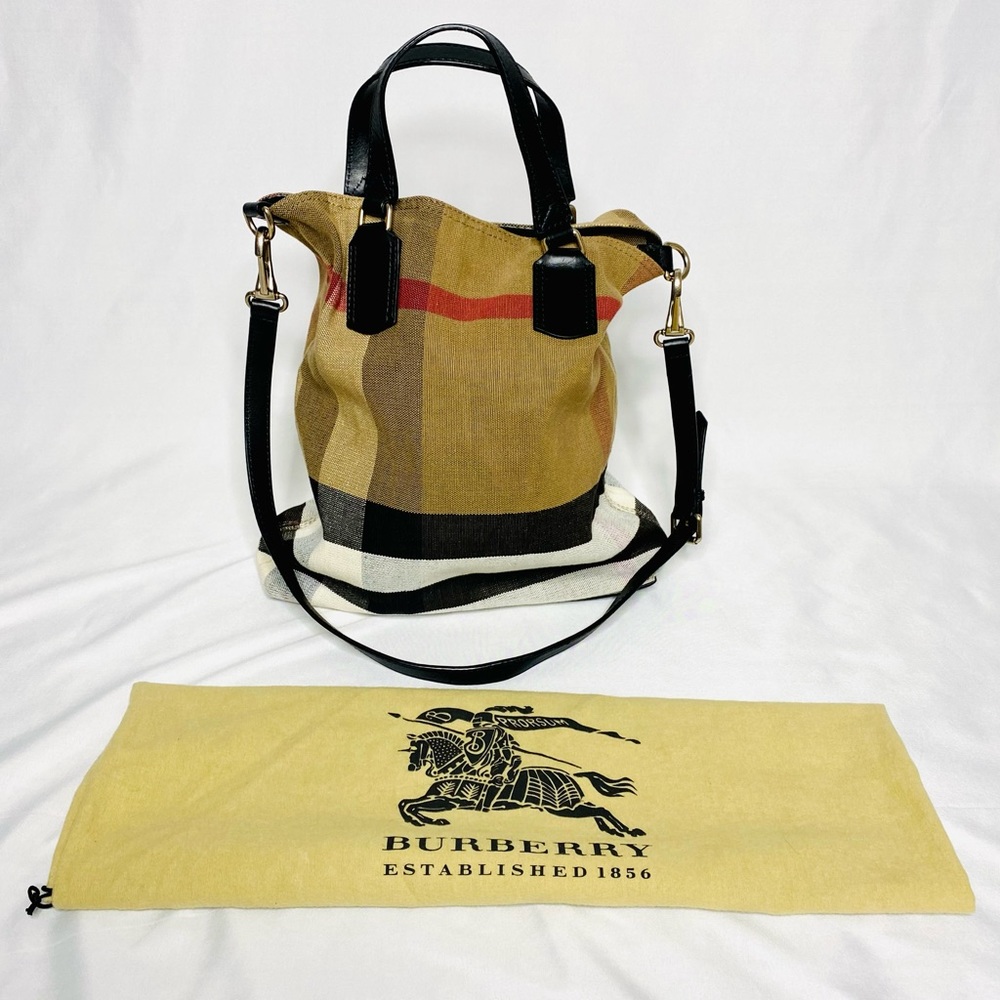Burberry Canvas/Leather Check Tottenham Tote/Crossbody Bag Black/Tan/Red